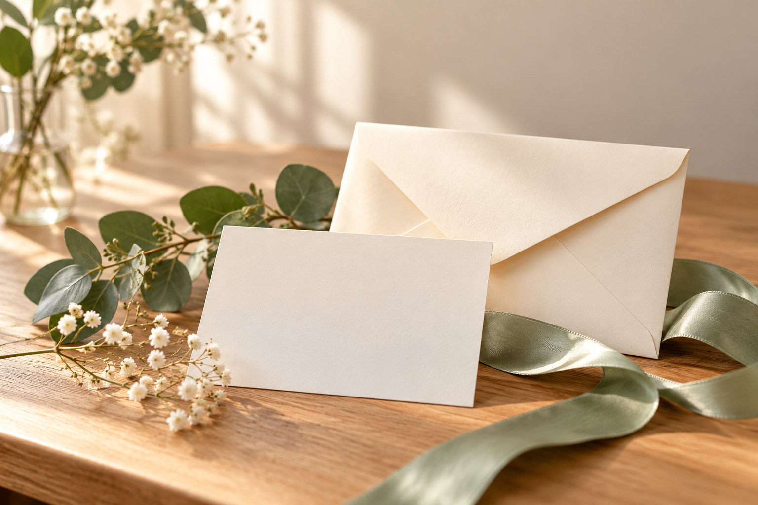 Ein Gutschein mit Umschlag, Band und Blumen als Symbol für eine verschenkte Auszeit.